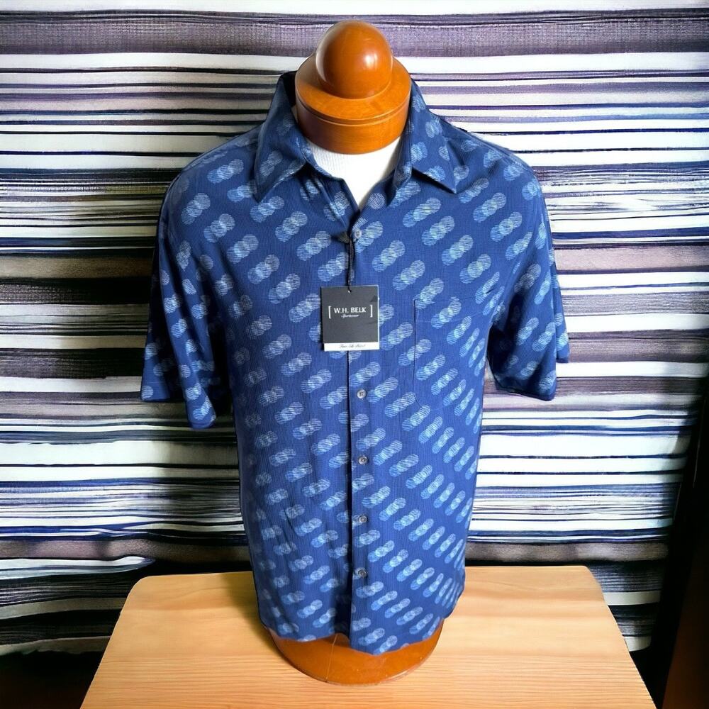 W.H.‎ Belk Mens Shirt Sz M Blue Silk Dotted Short Sleeve Casual Shirt NEW